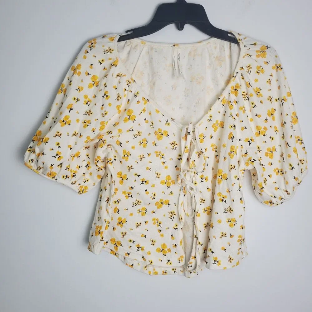 Anthropologie Ditsy Floral Puff Sleeve Cotton Crop Top Size XS